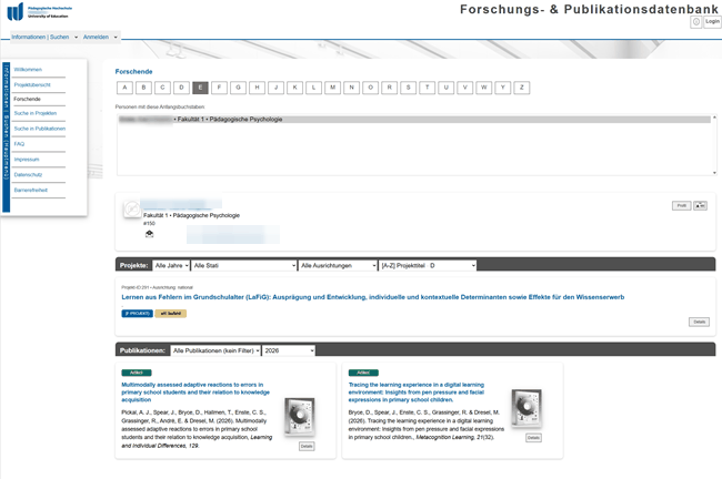 Forschungs- und Publikationsdatenbank einer Hochschule: Personensuche, Projektfilter und zugeordnete Publikationen