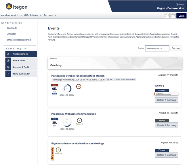 Veranstaltungs&uuml;bersicht eines itegon-Portals mit mehreren Terminen, Angabe der Veranstaltungsform und Schaltfl&auml;che &bdquo;Details & Buchung&ldquo;