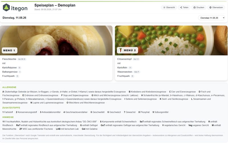 Veröffentlichter Speiseplan mit zwei Menüs, Fotos, Allergen- und Zusatzstoffkennzeichnung