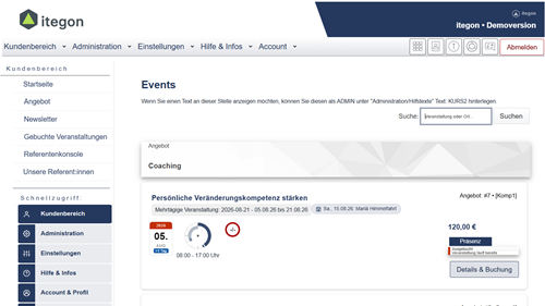 Ausschnitt aus dem Portal Veranstaltungen