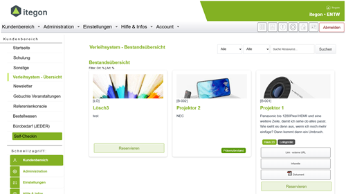 Ausschnitt aus dem Portal Verleih & Bestellwesen