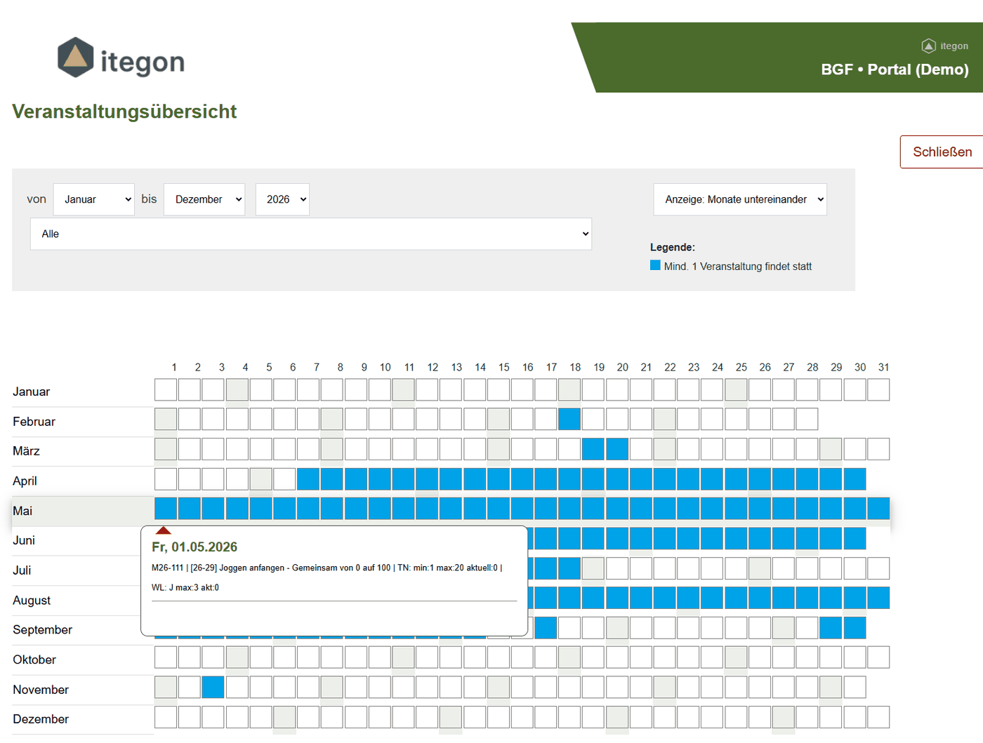 Jahresübersicht eines itegon-Portals mit Terminen mehrerer Veranstaltungsreihen